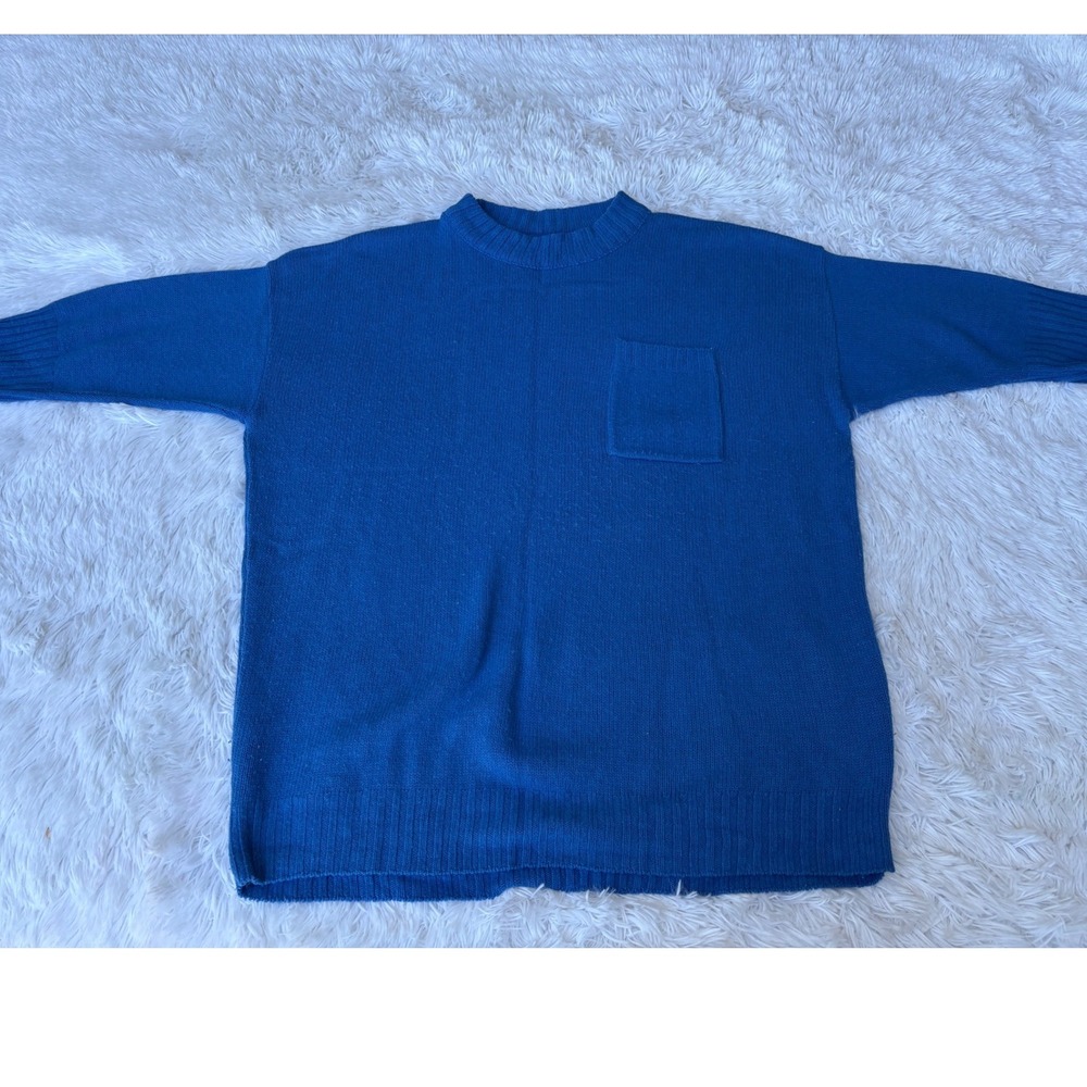 Vintage 80s Women's XL Cobalt Blue Oversized Pocket Sweater Made USA Knit Tunic